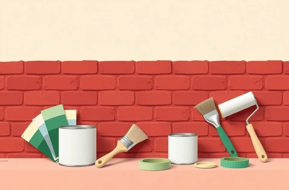 Pots de peinture, nuancier, brosses et rouleaux disposés à plat