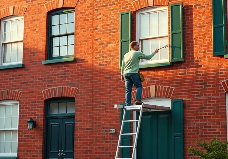 Peintre sur échafaudage traitant la façade d'une maison